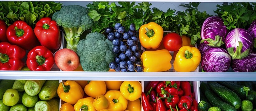 Various kinds of fresh fruit and vegetables are neatly arranged in the refrigerator.