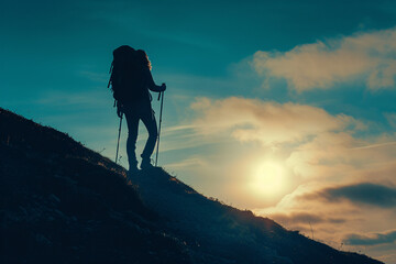 Silhouetted hiker climbing hill at sunset