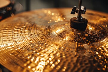 Detailed view of ancient brass cymbal in drum set