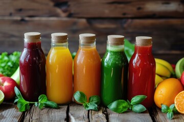 Detox juices made from fruits and veggies in glass bottles on a wooden backdrop