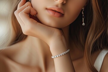Diamond jewelry bracelet worn by young woman - obrazy, fototapety, plakaty