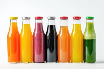 Detox juices in glass bottles on white background