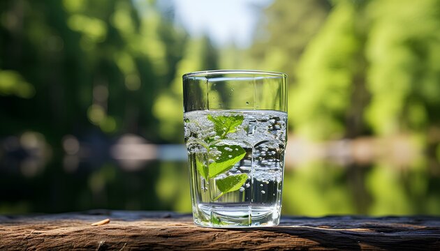 glass of water on the table. glass of water with mint in nature. closeup of glass of water surrounded by trees and blue sky. h20 closeup