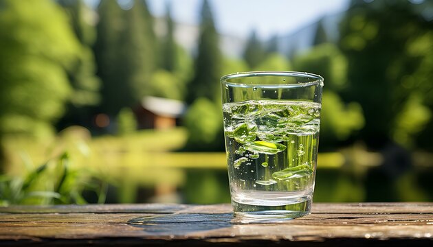 glass of water with ice. glass of water on the table. glass of water with mint in nature. closeup of glass of water surrounded by trees and blue sky. h20 closeup