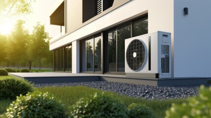 Heat pump on a modern house, Renewable Energy sources concept
