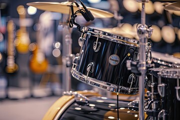 Drum kit with headphones in a music store Hobbies and leisure