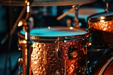 Drum set illuminated by spotlight in a dark room representing rock or jazz drums Copper plates on...