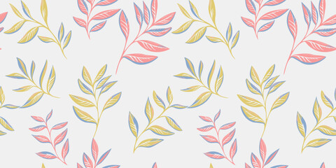 The trendy minimalist stems leaves pattern is scattered randomly. Simple light background with abstract garden leaf branches. Vector hand drawn. Template for design, textile, fashion, print, fabric