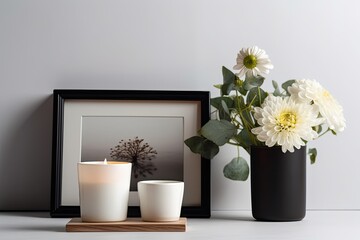 White background, a flowerpot on a black table with a candle in it, and an empty white frame