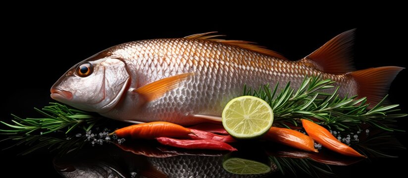 fish ,spices and vegetables .ingredients for healthy food