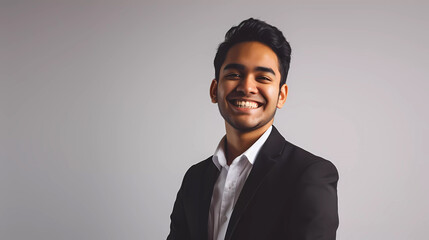 Portrait of a young confident smiling Indian man wearing black blazer isolated on light gray background. copy space for text - obrazy, fototapety, plakaty