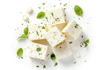 Feta cheese on white background top view with clipping path and depth