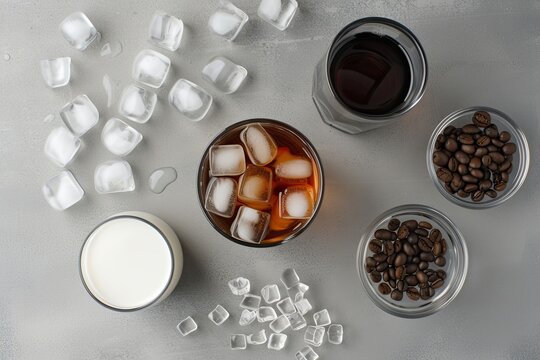 Flat lay with cold brew coffee milk and a grey background