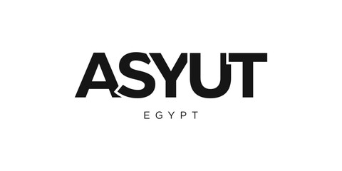 Asyut in the Egypt emblem. The design features a geometric style, vector illustration with bold typography in a modern font. The graphic slogan lettering.