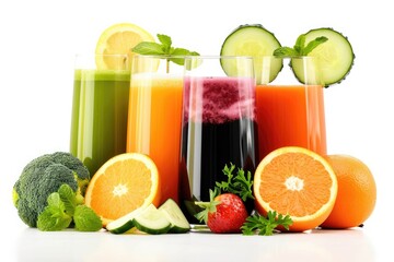 Fototapeta premium Fresh organic vegetable and fruit juices served in glasses isolated on a white background for a detox diet