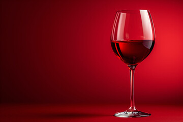 Red wine glass on red background with reflection