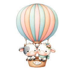 A charming pair of cows rides a hot air balloon, creating a romantic Valentine's Day spectacle in the sky.