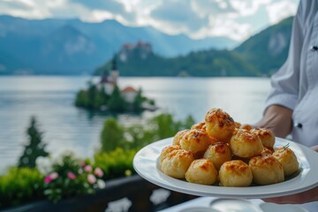 Slovenian Delight by the Lake: Chef's Scenic Presentation Features a Plate of Žlikrofi, a Beloved Traditional Slovenian Dumpling Dish, Set Against the Enchanting Backdrop of Lake Bled.