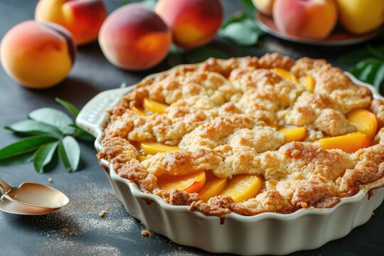 Fresh organic peaches and peach Cobbler in a ceramic dish on the table