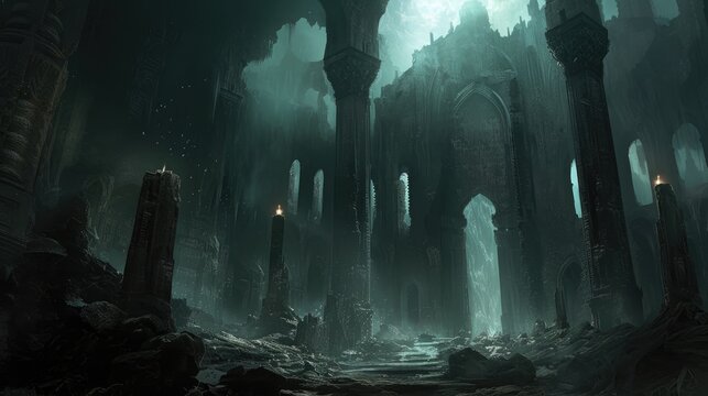Forbidden dungeons with ancient ruins and dark