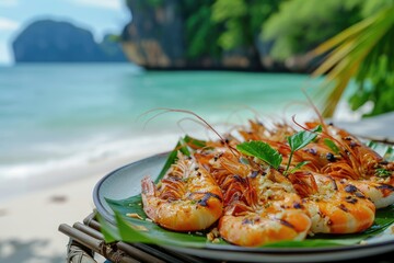 Exotic Beach Culinary Delight: Chef Presents Grilled Coconut Shrimp on a Plate, Set Against the Tropical Backdrop of a Pristine Beach in Phuket, Thailand, Capturing the Essence of Exotic Culinary.

