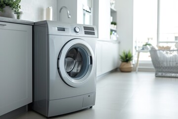 Gray laundry room with a modern washing machine