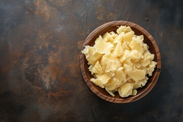 Lard or pig fat in wooden bowl on dark backdrop from above - obrazy, fototapety, plakaty