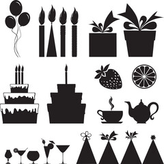 Set of Birthday icons.  Isolated on white background. Celebrate icons set. Vector illustration