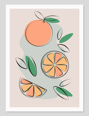Poster fruit flat minimal design. Fruit simple compositions.Vector illustration of oranges.