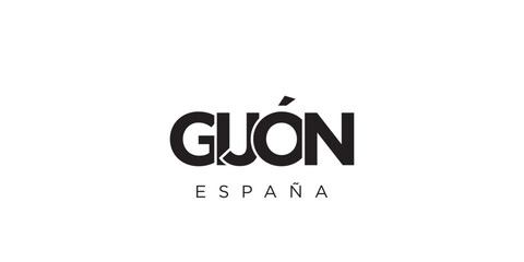 Gijon in the Spain emblem. The design features a geometric style, vector illustration with bold typography in a modern font. The graphic slogan lettering.