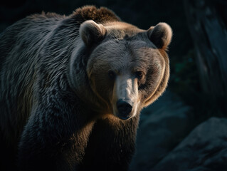 Fototapeta premium A majestic brown bear roams through the lush forest, its snout twitching with curiosity as it explores its natural habitat