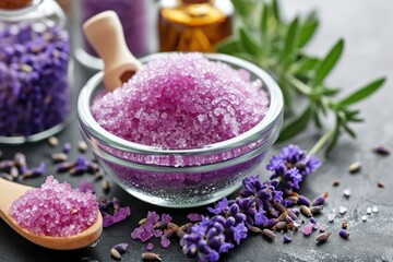 Obraz na płótnie Canvas Lavender Body Spa Treatment with Focus Selection and Sugar Scrub