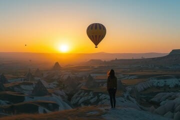 Woman, Air Vehicle, Cappadocia, Hot Air Balloon, Sunrise - Dawn, Turkey - Middle East 