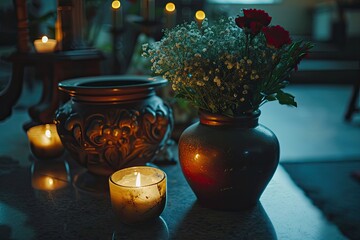 Lit candles surround a funeral urn in a cemetery chapel prior to the service