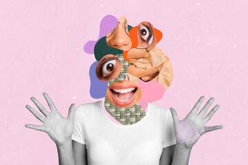 Unusual creative collage of person with multiple body parts bright personality individuality feel excited incredible offers