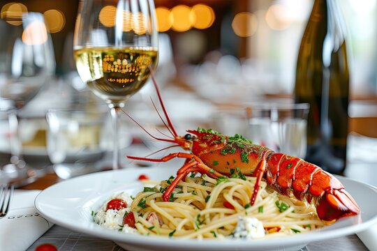 Luxurious Italian restaurant serving gourmet spaghetti dish with lobster buffalo stracciatella white wine