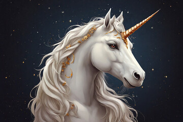Obraz na płótnie Canvas White unicorn with golden mane on a black background. 3d rendering