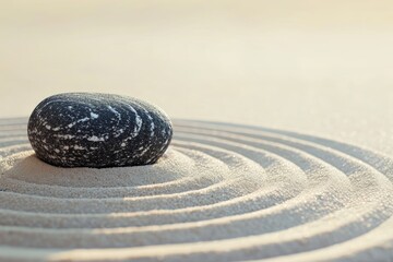 Fototapeta na wymiar Macro lens shot of a Zen garden s stone for concentration and relaxation sand and rock for harmony and balance in pure simplicity