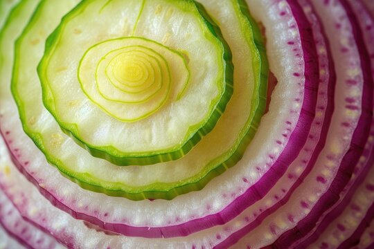 Macro image of onion with colorful green and yellow leek slices Pink onion slices Pattern and texture on food background