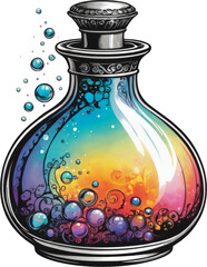 PNG Galaxy in a bottle in a colorful iridescent potion bottle, surrounded by smoke, cartoon, fairytale night sky, isolated illustration
