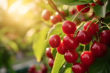 Farming concept - cherries growing on bunch