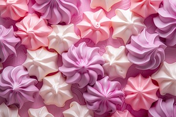 Meringue kisses in star shapes of pink light pink and violet colors Homemade cookies with a background