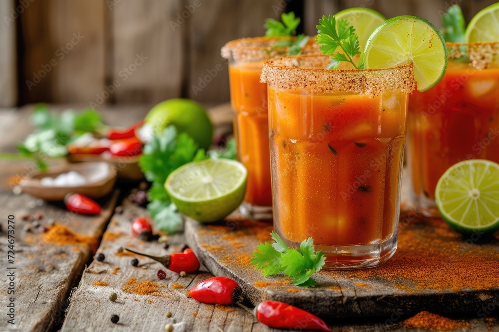 Canvas Prints Mexican alcoholic cocktail with beer lime juice tomato juice spicy sauce and spices