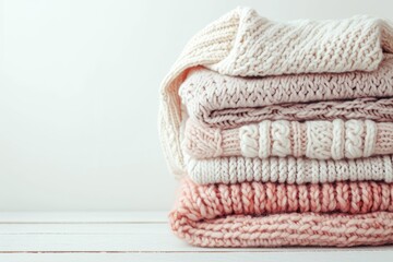 Fototapeta na wymiar Messy pile of pastel sweaters with various knitting patterns on white table white wall background Fall winter season knitwear Close up copy space
