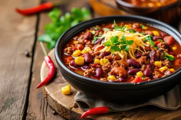 Crédence de cuisine en verre imprimé Piments forts Mexican food with chili con carne on wooden background Bean and corn soup red bean stew
