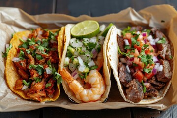 Mexican street tacos with shrimp steak and fish variety