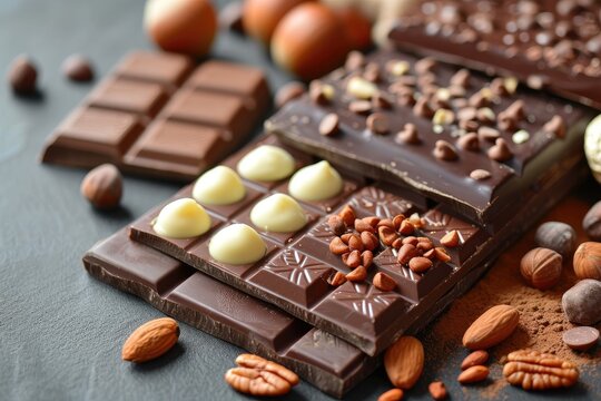 Milk Chocolate Day stock images with chocolate nuts isolated on brown background July 28
