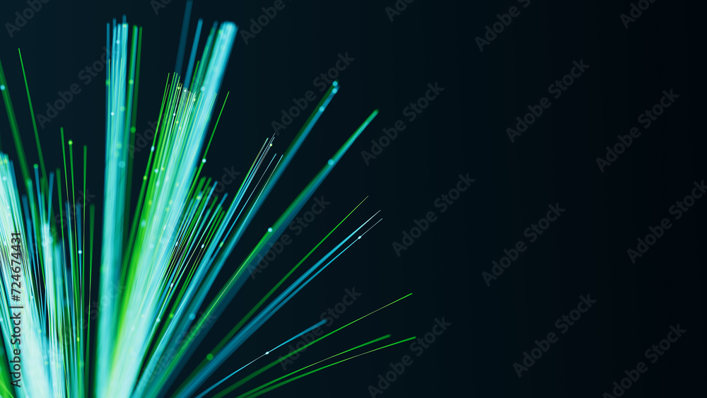 Poster illuminated cyan fiber optic cables with moving data. glowing internet data streams. digital transmi