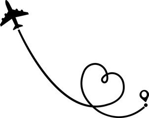 Airplane route path icon. The flight path of the aircraft from the point of location along the line. Flight route from a waypoint with an airplane silhouette isolated on transparent background.