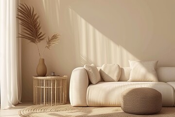 Minimalist living room interior design with copy space beige sofa side table leaf in vase pouf elegant accessories and boucle rug Beige wall Template